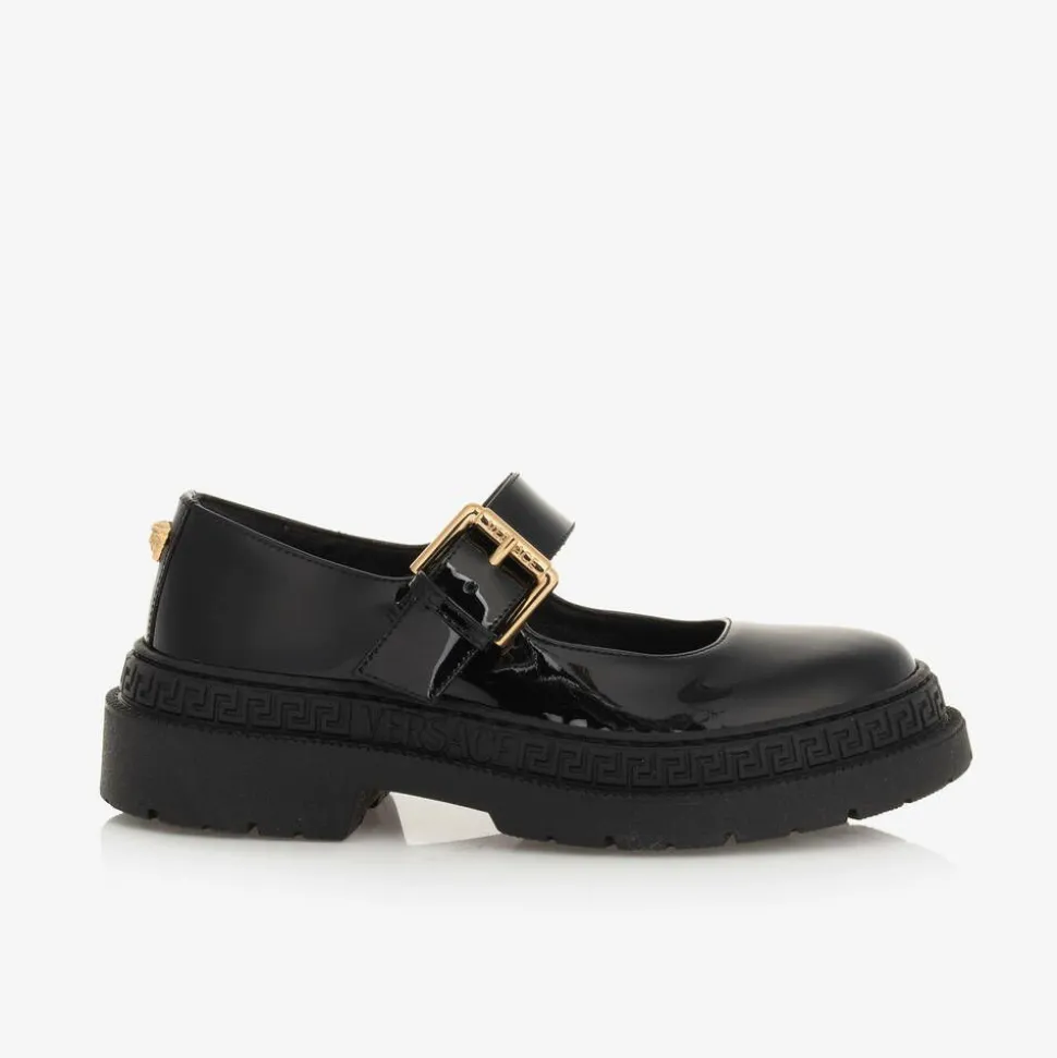 Girls Black Leather Greca Bar Shoes