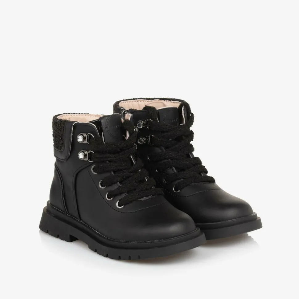Girls Black Leather Lace-Up Boots