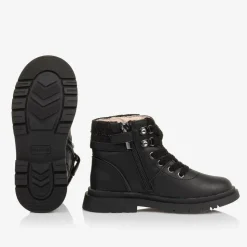 Girls Black Leather Lace-Up Boots