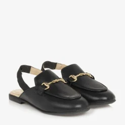 Girls Black Leather Slingback Loafers