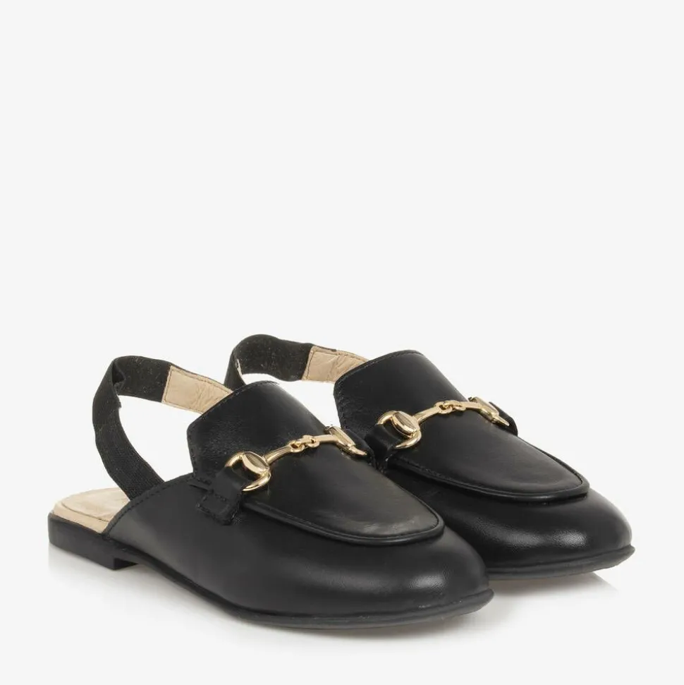 Girls Black Leather Slingback Loafers