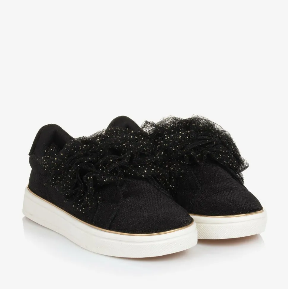 Girls Black Ruffle Velcro Trainers