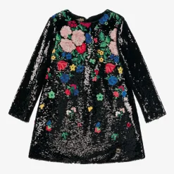 Girls Black Sequin Embroidered Floral Dress