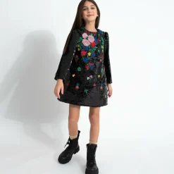 Girls Black Sequin Embroidered Floral Dress