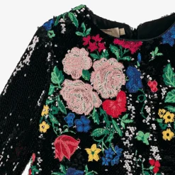 Girls Black Sequin Embroidered Floral Dress