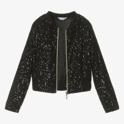 Girls Black Sequin Zip-Up Top