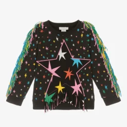 Girls Black Star Print Fringed Sweatshirt