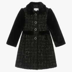 Girls Black Tweed & Faux Fur Coat