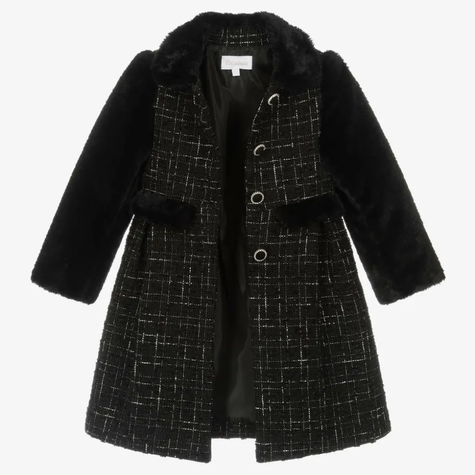 Girls Black Tweed & Faux Fur Coat