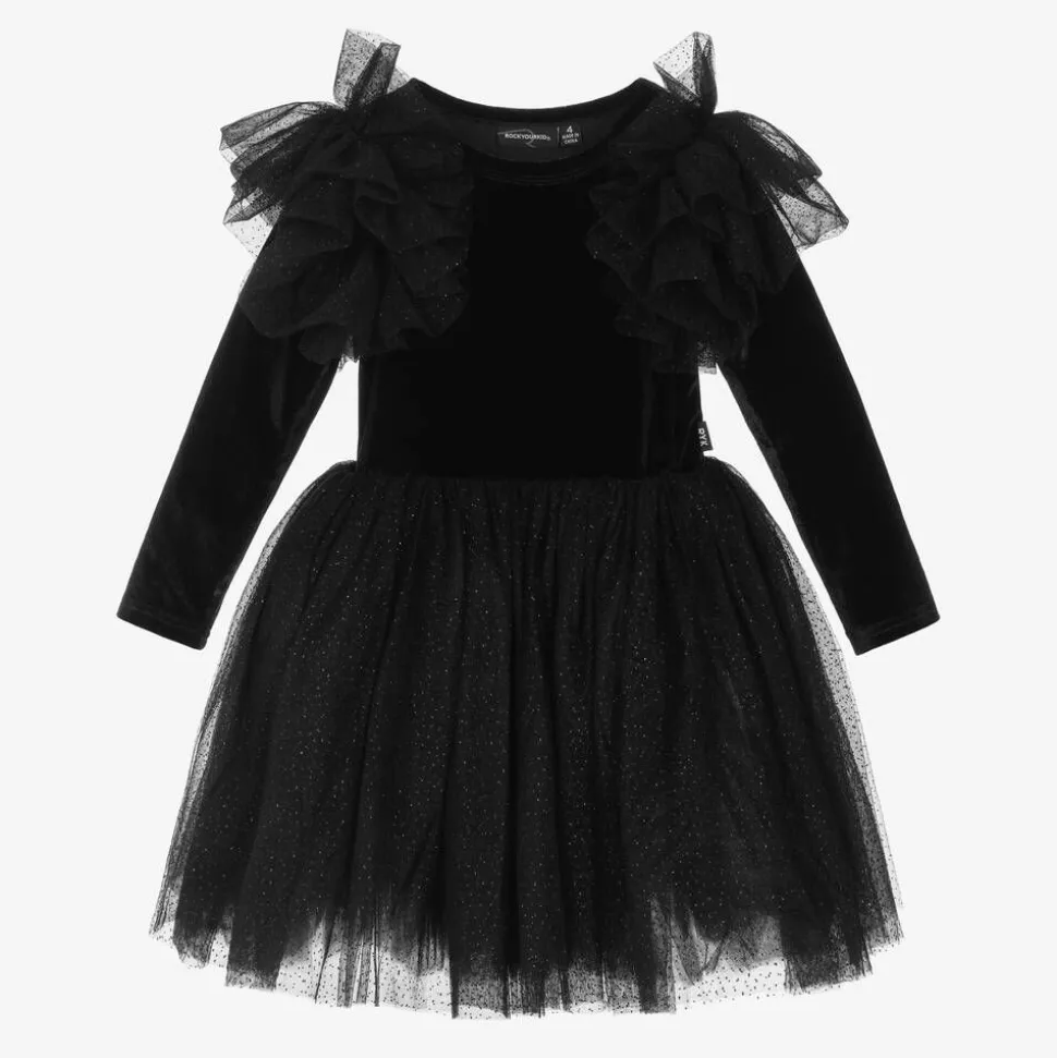 Girls Black Velour & Tulle Dress