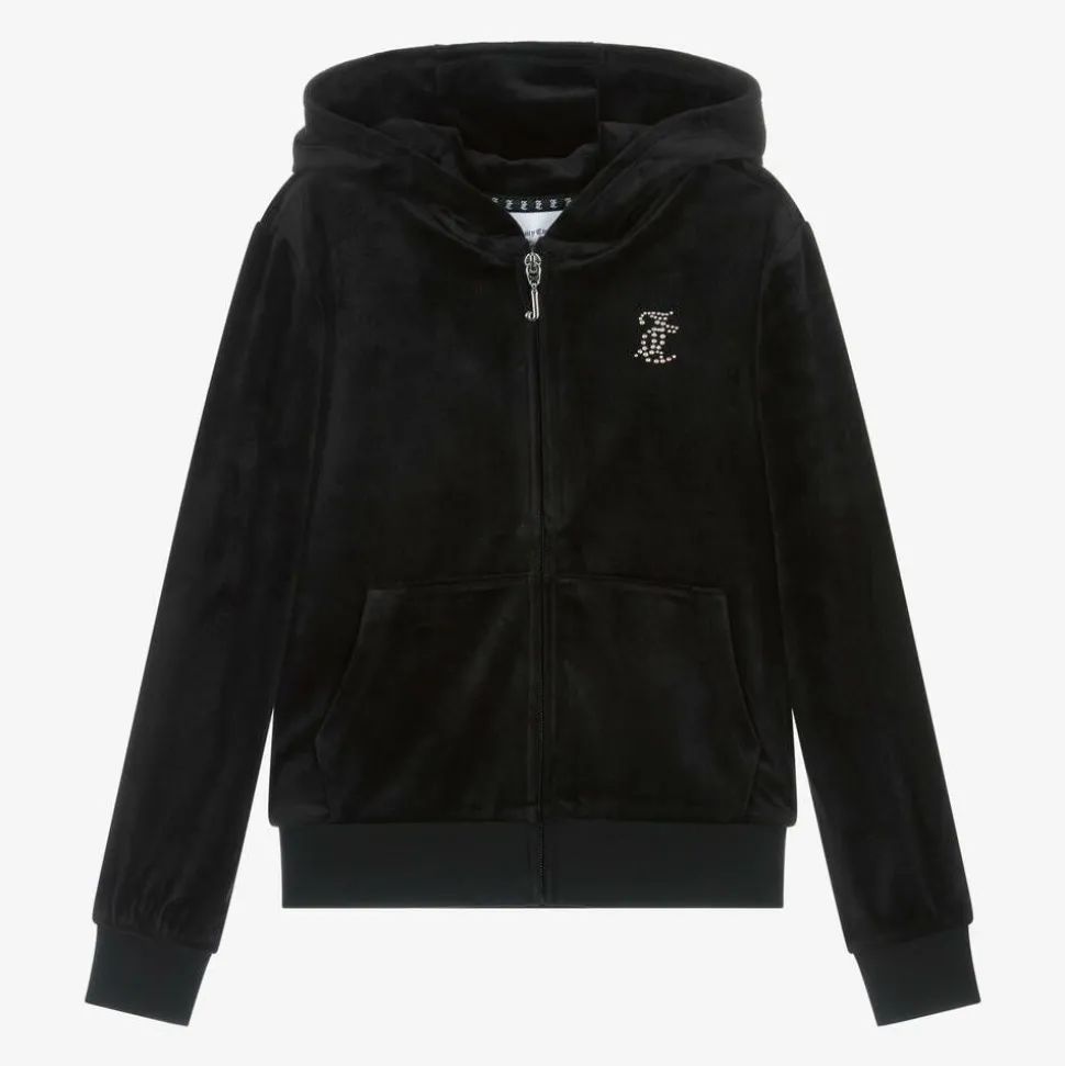 Girls Black Velour Zip-Up Top