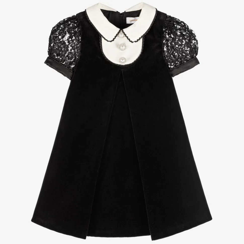 Girls Black Velvet & Lace Dress