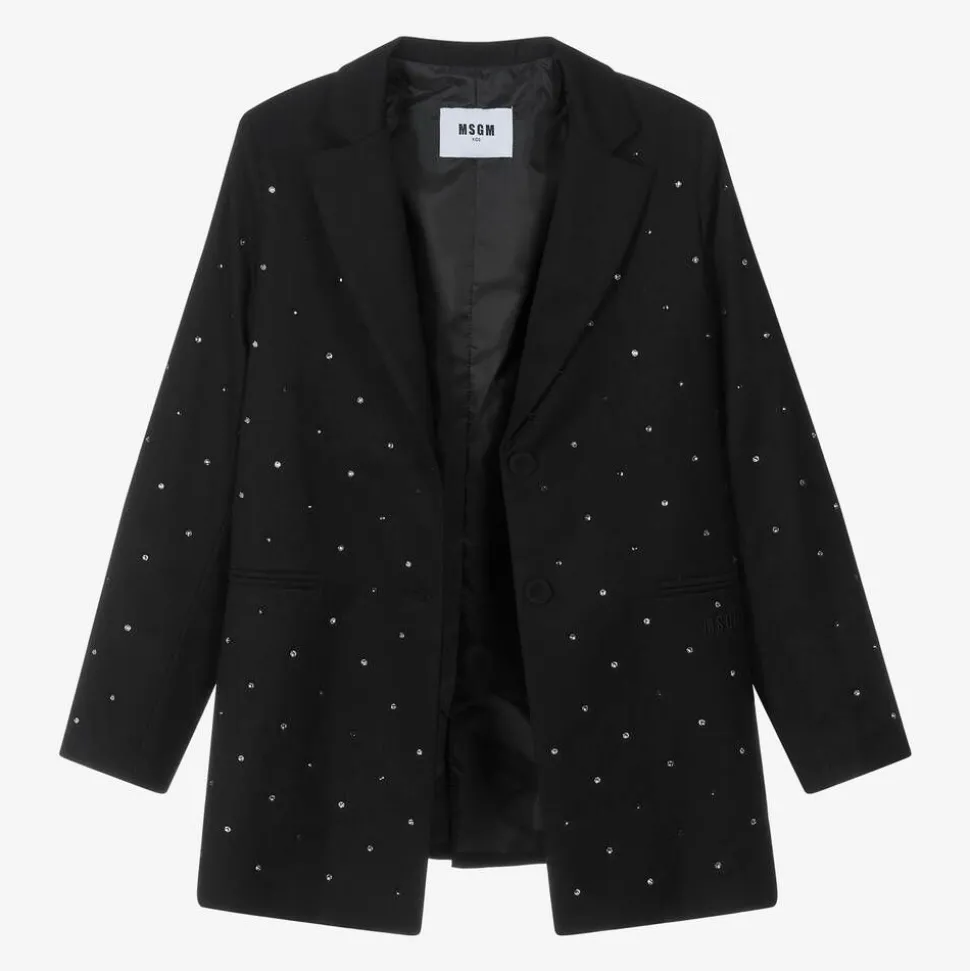Girls Black Viscose Rhinestone Blazer