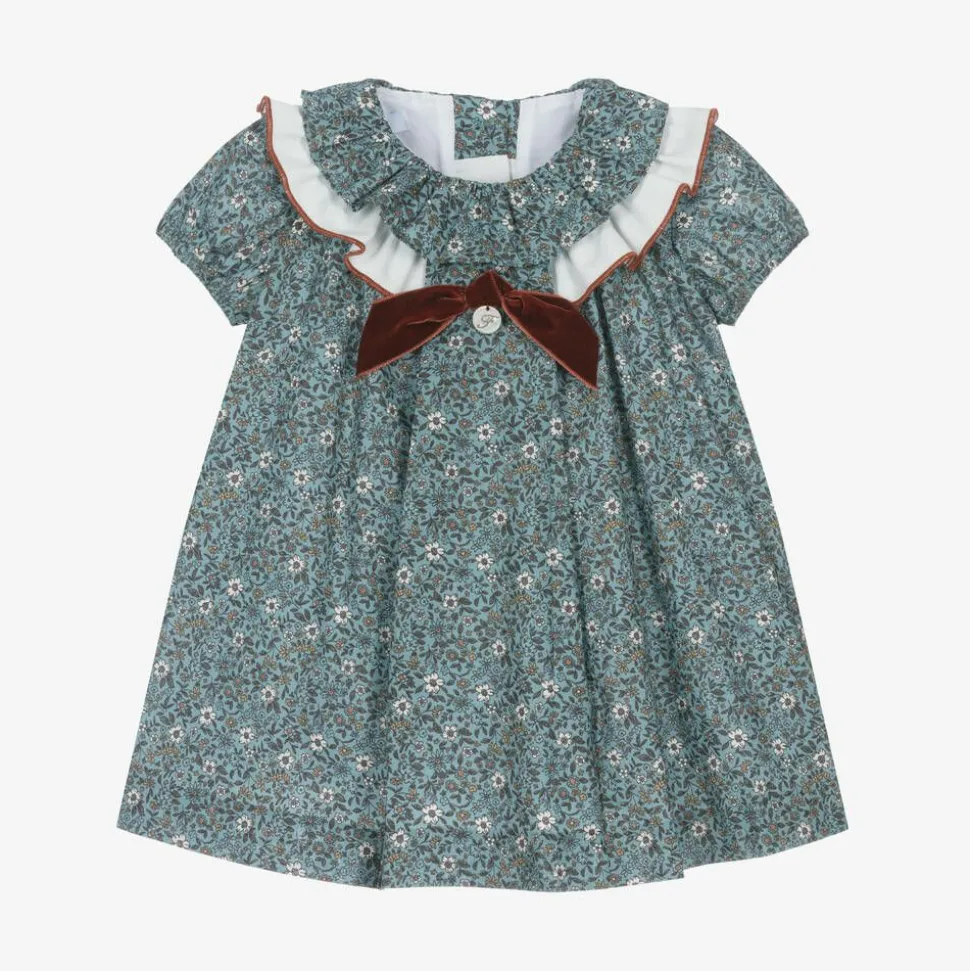 Girls Blue Cotton Floral Dress