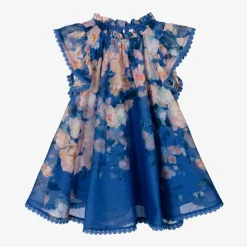Girls Blue Cotton Floral Dress