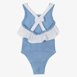 Girls Blue Crinkle Frill Swimsuit
