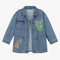 Girls Blue Denim Embroidered Jacket