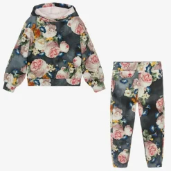 Girls Blue Floral Cotton Tracksuit