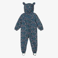 Girls Blue Floral Waterproof Puddlesuit