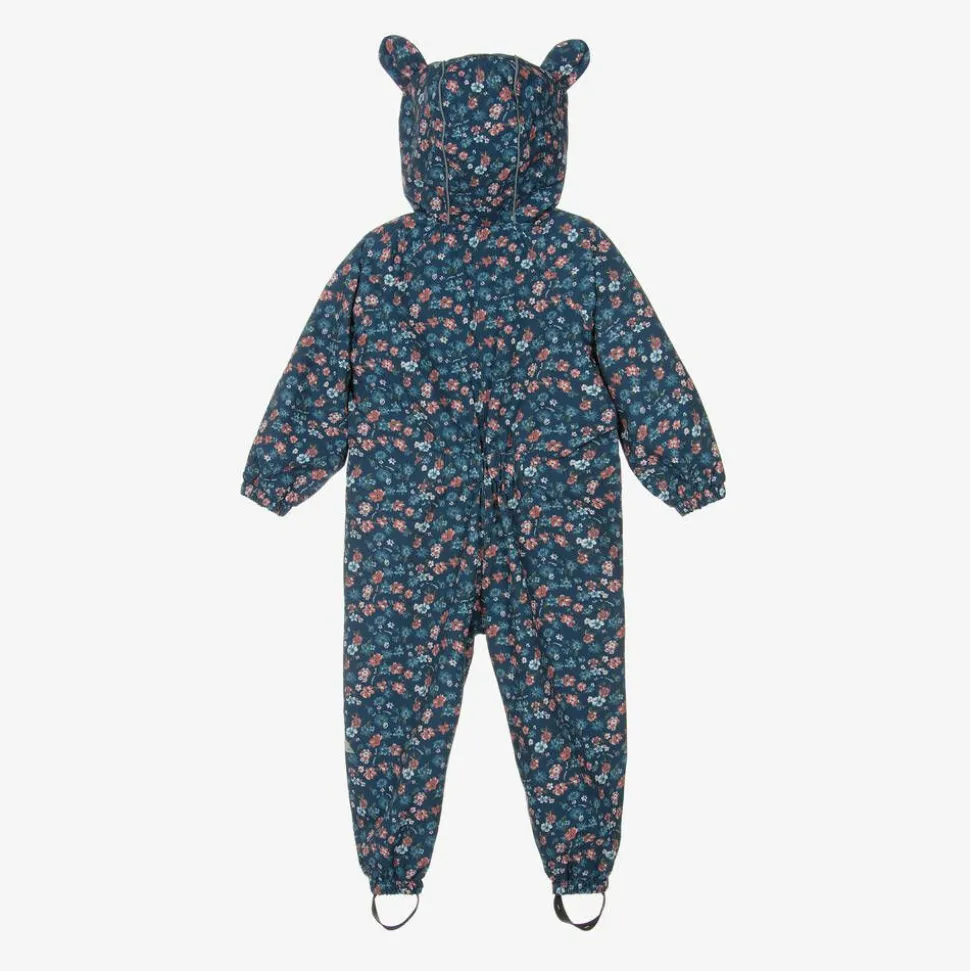 Girls Blue Floral Waterproof Puddlesuit