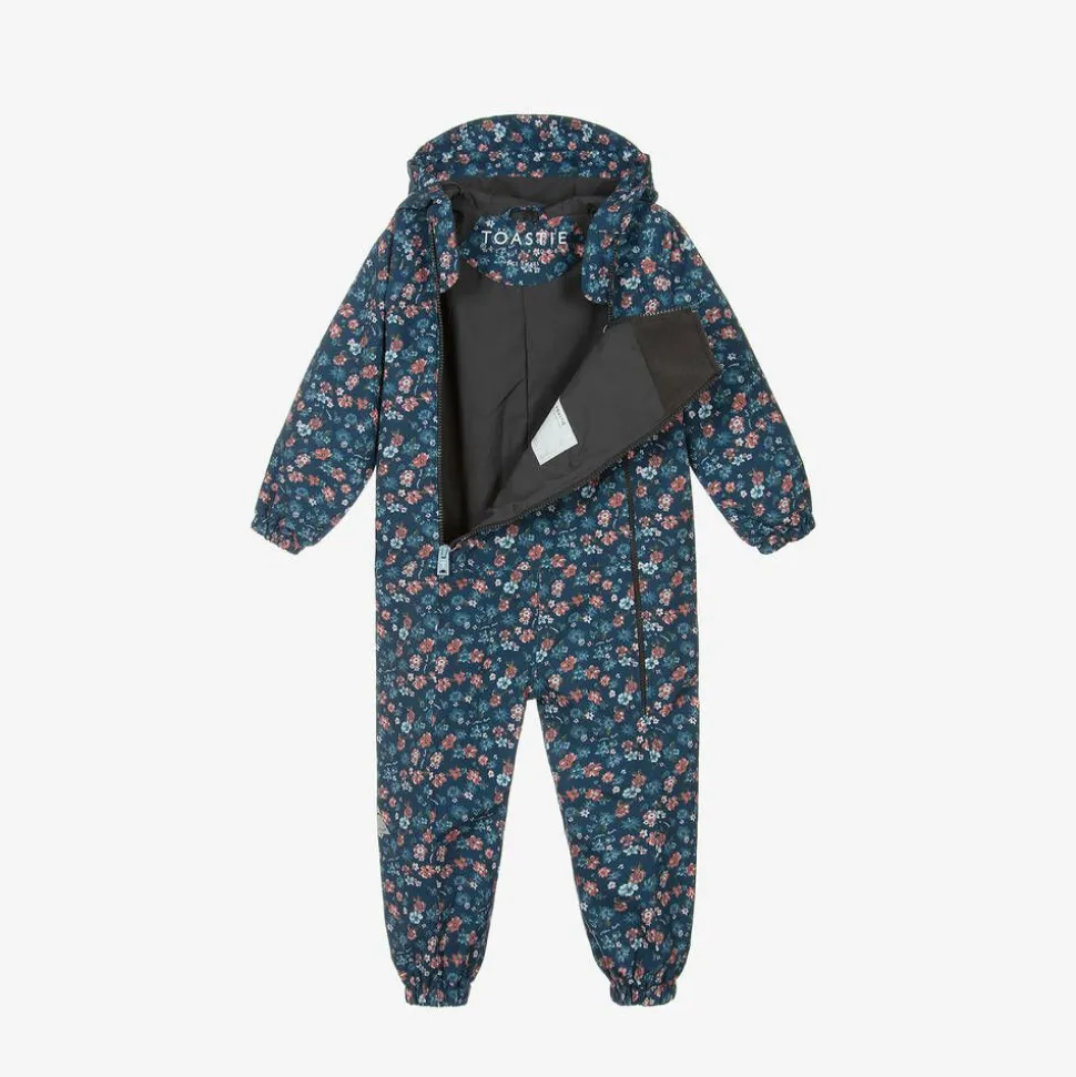 Girls Blue Floral Waterproof Puddlesuit
