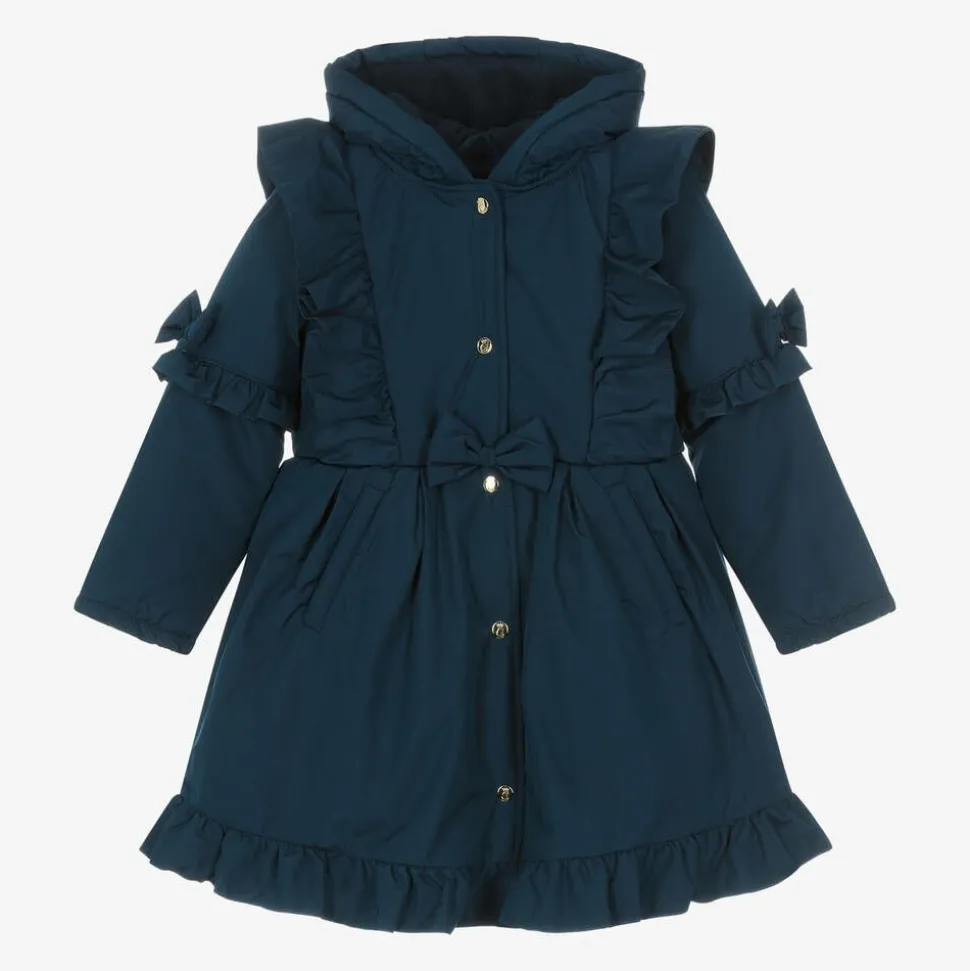 Girls Blue Hooded Bow Coat