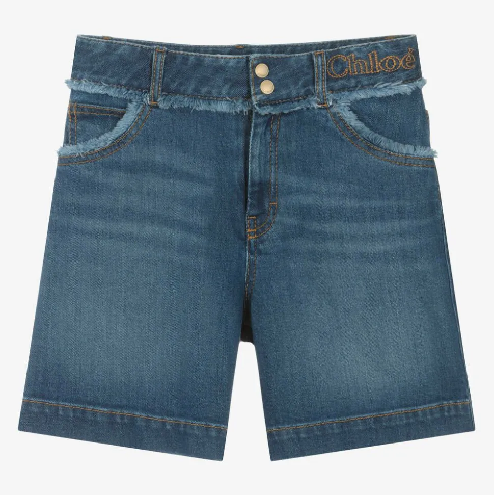 Girls Blue Organic Denim Fringe Shorts