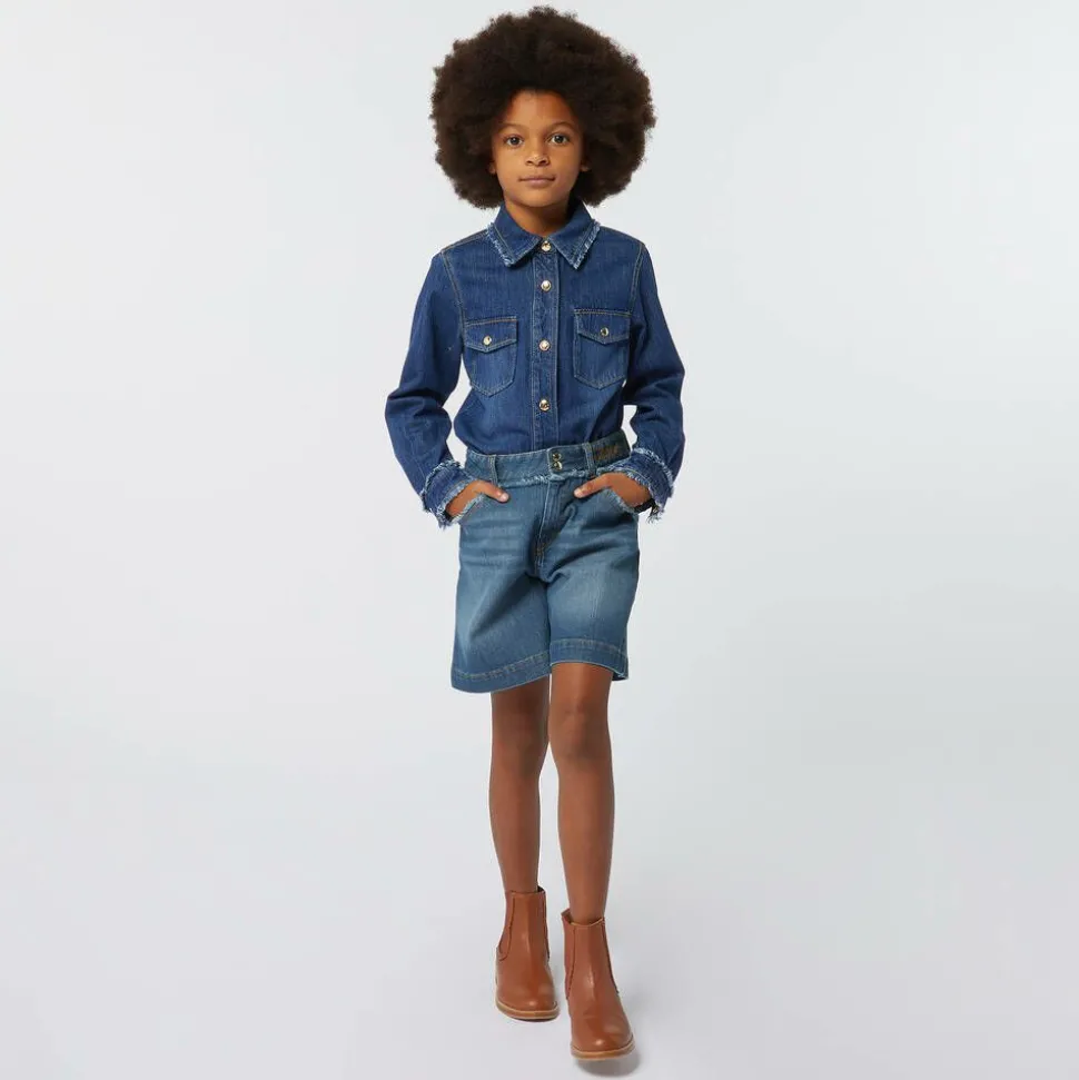 Girls Blue Organic Denim Fringe Shorts