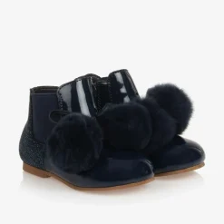 Girls Blue Patent Leather Pom-Pom Boots