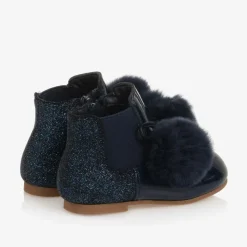 Girls Blue Patent Leather Pom-Pom Boots