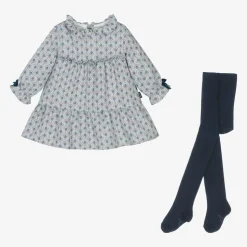 Girls Blue Printed Dress & Tights Set