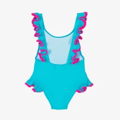 Girls Blue Ruffle & Pink Pom-Pom Swimsuit
