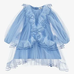 Girls Blue Tulle Ruffle Dress