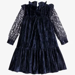 Girls Blue Velour & Lace Dress