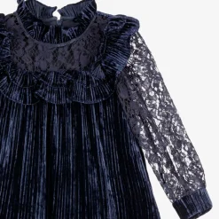 Girls Blue Velour & Lace Dress