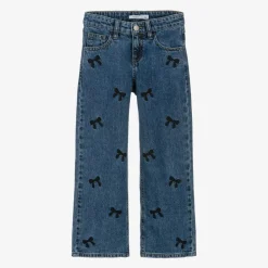 Girls Blue Wide Leg Bow Jeans