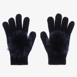 Girls Blue Wool Knit Pom-Pom Gloves