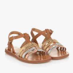 Girls Brown & Metallic Leather Sandals