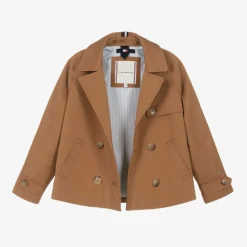 Girls Brown Cotton Double Breasted Jacket