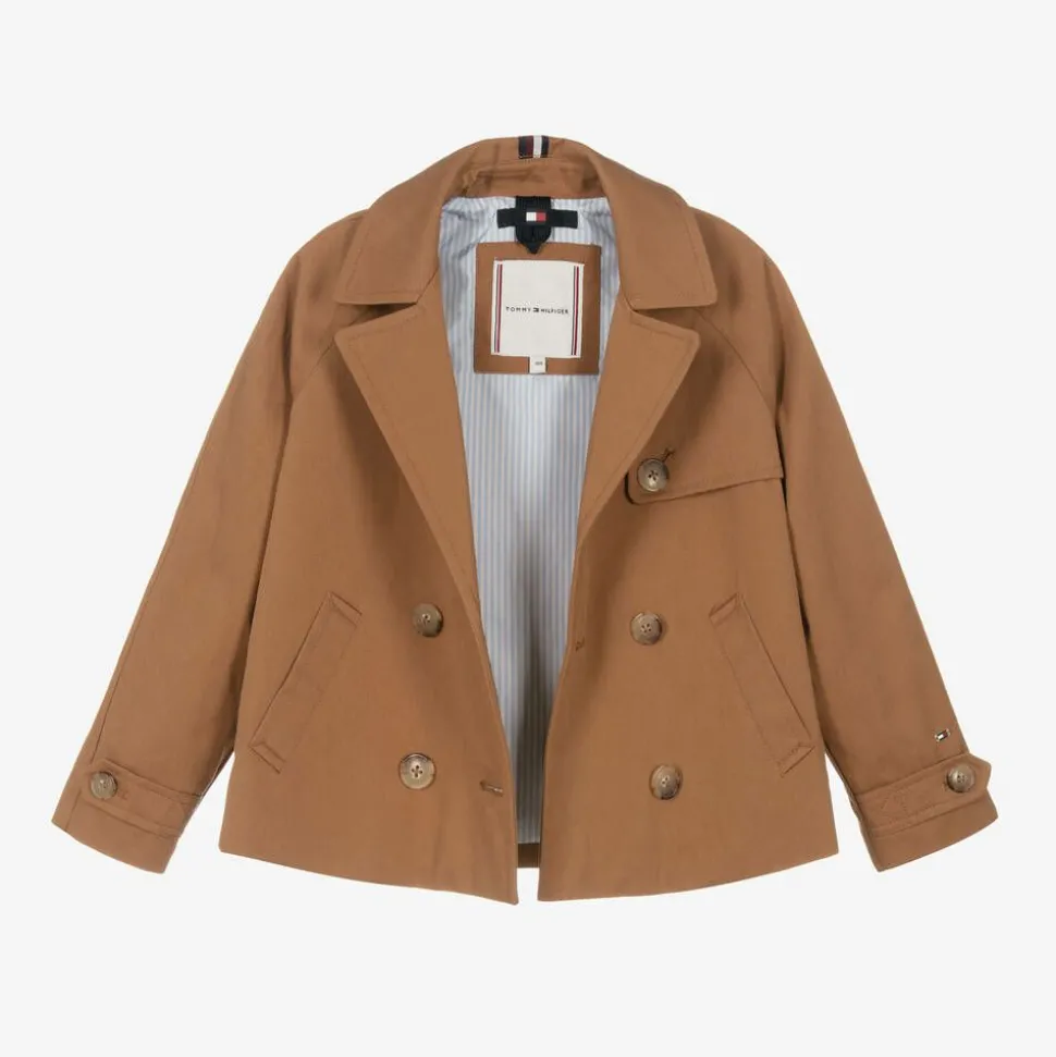 Girls Brown Cotton Double Breasted Jacket