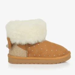 Girls Brown Faux Suede & Fur Trim Boots