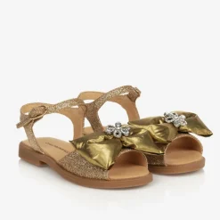 Girls Glittery Gold Satin Bow Sandals