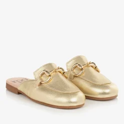 Girls Gold Leather Backless Loafers