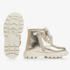 Girls Gold Leather Bow Ankle Boots