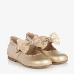 Girls Gold Leather Bow Shoes
