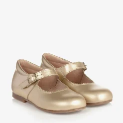 Girls Gold Leather Bow Shoes