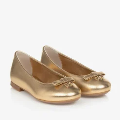 Girls Gold Leather DG Ballerina Pumps