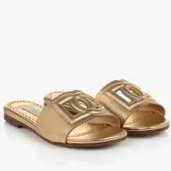 Girls Gold Leather DG Sliders
