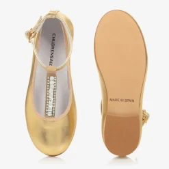 Girls Gold Leather Diamanté T-Bar Shoes