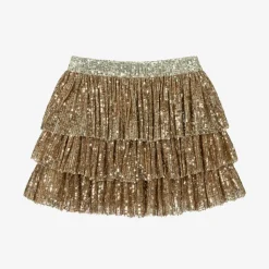 Girls Gold Sequin Tulle Ruffle Skirt